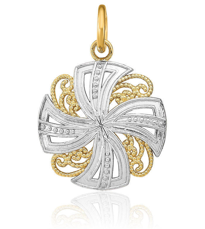 14K Solid Yellow Gold Pinwheel Medallion Necklace Chain Pendant Charm