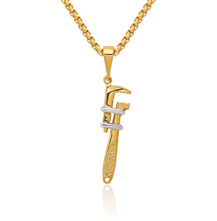 14K Solid Yellow Gold Pipe Wrench Necklace Mechanic Chain Pendant Charm