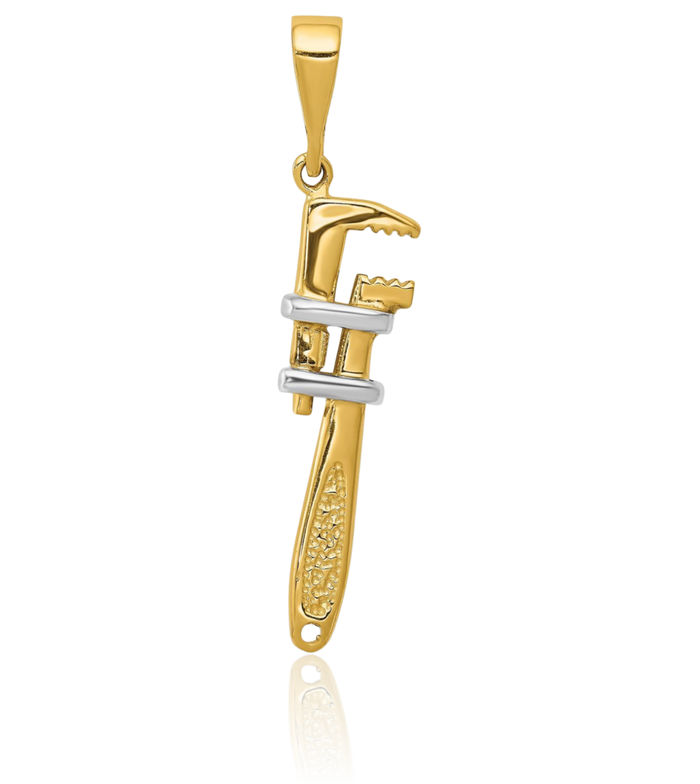 14K Solid Yellow Gold Pipe Wrench Necklace Mechanic Chain Pendant Charm