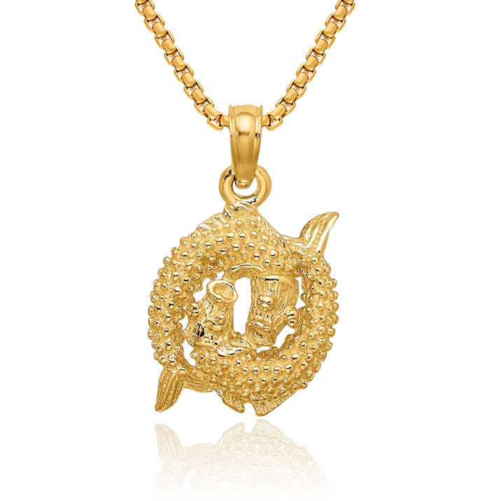 14K Solid Yellow Gold Pisces Zodiac Necklace Fish Horoscope Pendant February March Birthday Charm Astrology Jewelry
