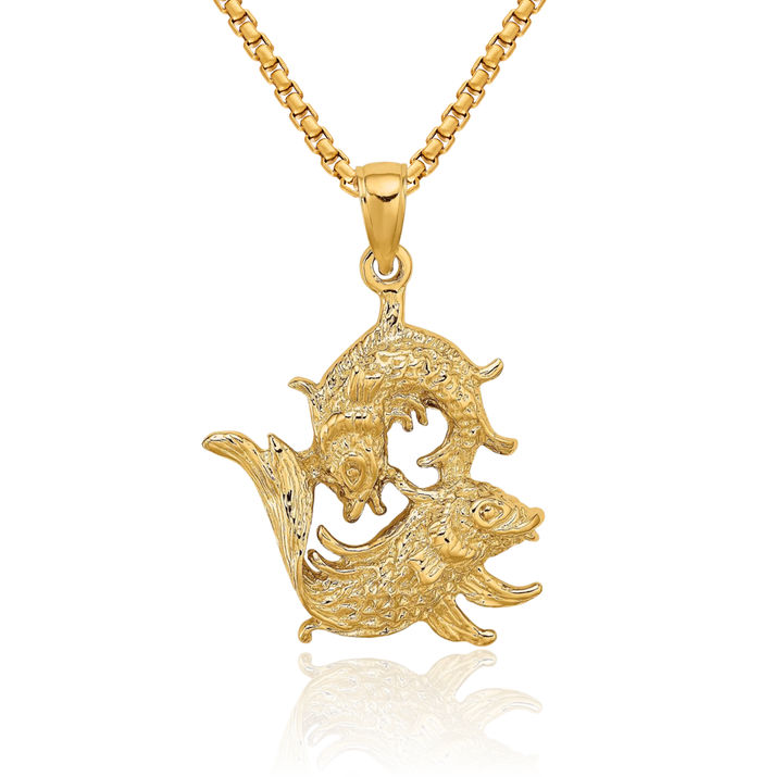 14K Solid Yellow Gold Pisces Zodiac Necklace Fish Horoscope Pendant February March Birthday Charm Astrology Jewelry