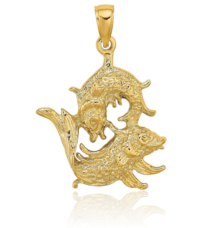 14K Solid Yellow Gold Pisces Zodiac Necklace Fish Horoscope Pendant February March Birthday Charm Astrology Jewelry