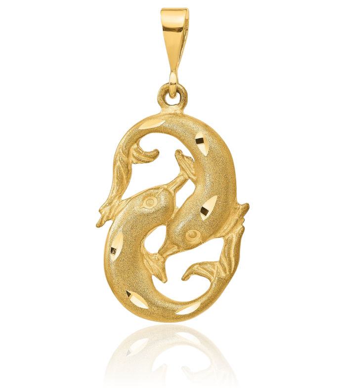 14K Solid Yellow Gold Pisces Zodiac Necklace Fish Horoscope Pendant February March Birthday Charm Astrology Jewelry