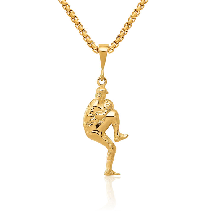 14K Solid Yellow Gold Pitcher Baseball Necklace Softball Charm Sports Pendant