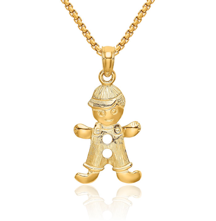 14K Solid Yellow Gold Playful Boy Buttons Necklace Chain Pendant Charm