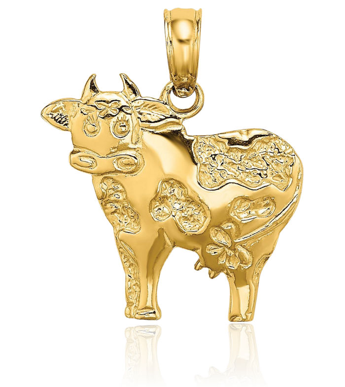 14K Solid Yellow Gold Playful Cow Necklace Chain Pendant Charm