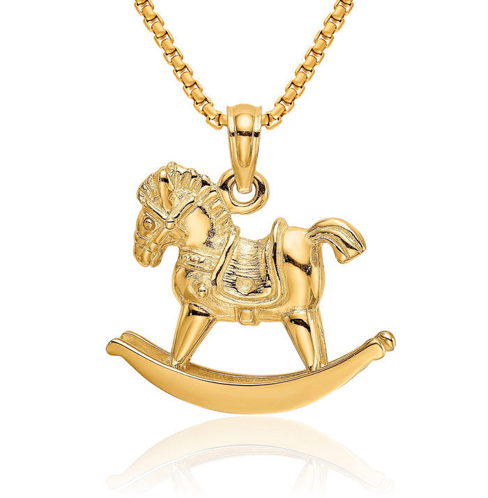 14K Solid Yellow Gold Playful Rocking Horse Head Necklace Animal Lover Pendant Equestrian Charm