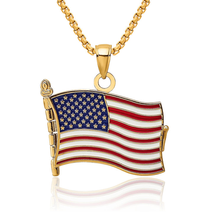 14K Solid Yellow Gold Pledge of Allegiance Flag Book Necklace Chain Pendant Charm