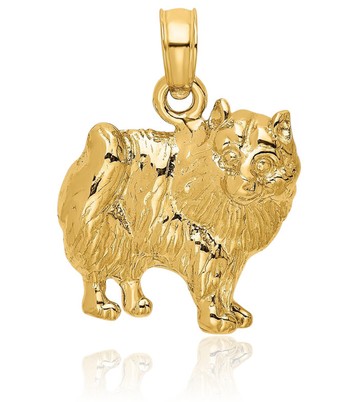 14K Solid Yellow Gold Pomeranian Dog Necklace Chain Pendant Charm