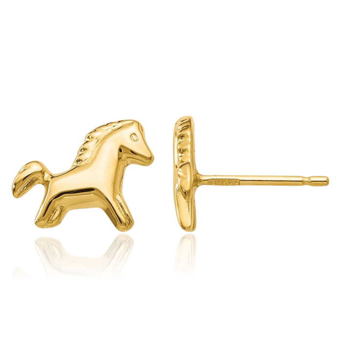 14K Solid Yellow Gold Pony Horse Head Studs Animal Lover Equestrian Earrings