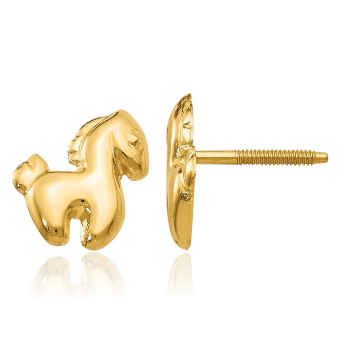 14K Solid Yellow Gold Pony Horse Head Studs Screw Back Animal Lover Earrings Equestrian Jewelry