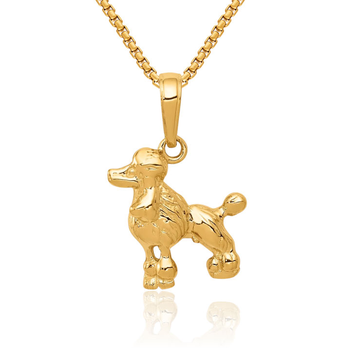 14K Solid Yellow Gold Poodle Dog Necklace Chain Pendant Charm