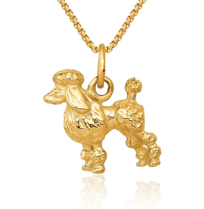 14K Solid Yellow Gold Poodle Necklace Chain Pendant Charm