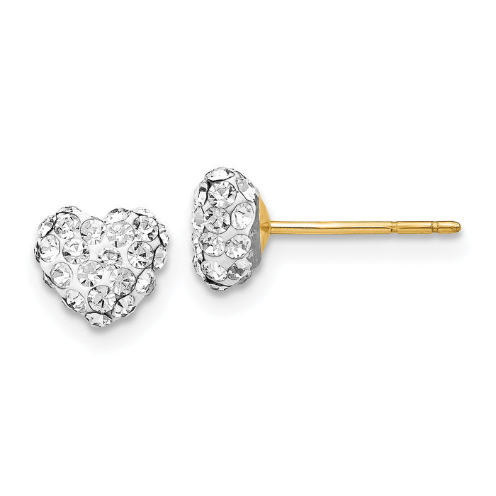 14K Solid Yellow Gold Post 6mm Rhinestone Crystals Heart Stud Earrings