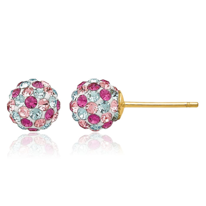 14K Solid Yellow Gold Post Multi-color Rhinestone Crystals 6mm Ball Stud Earrings