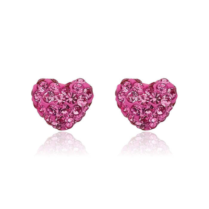 14K Solid Yellow Gold Post Multi-color Pink Rhinestone Crystals Heart Stud Earrings