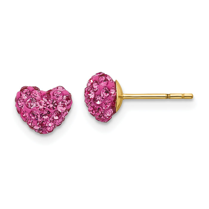 14K Solid Yellow Gold Post Multi-color Pink Rhinestone Crystals Heart Stud Earrings