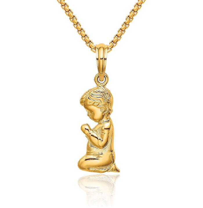 14K Solid Yellow Gold Praying Boy Necklace Chain Pendant Charm