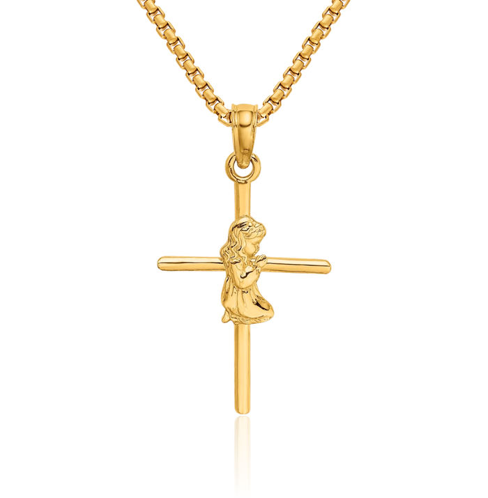 14K Solid Yellow Gold Praying Girl Holy Cross Necklace Religious Chain Pendant Jesus Christ Charm