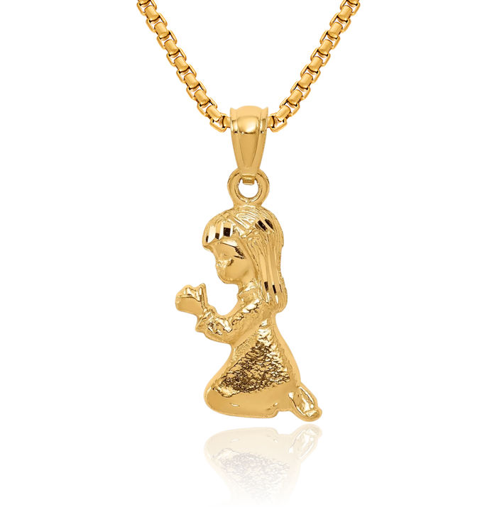 14K Solid Yellow Gold Praying Girl Necklace Chain Pendant Charm