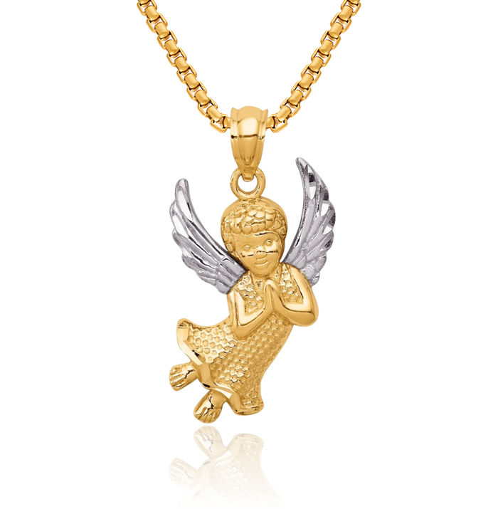 14K Solid Yellow Gold Praying Guardian Angel Wings Necklace Protect Us Cherub Pendant Religious Charm