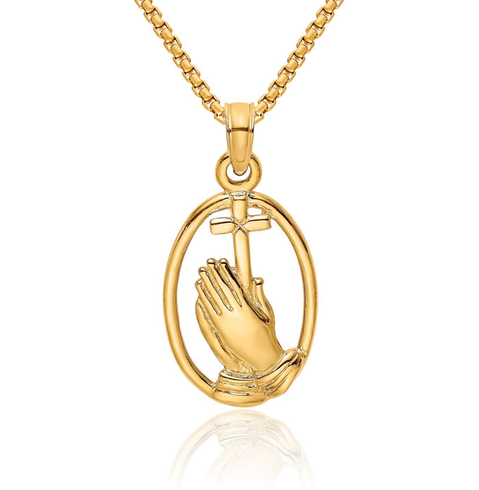 14K Solid Yellow Gold Jesus Christ Praying Hands Lord Serenity Prayer Holy Cross Oval Necklace Religious Chain Pendant Charm