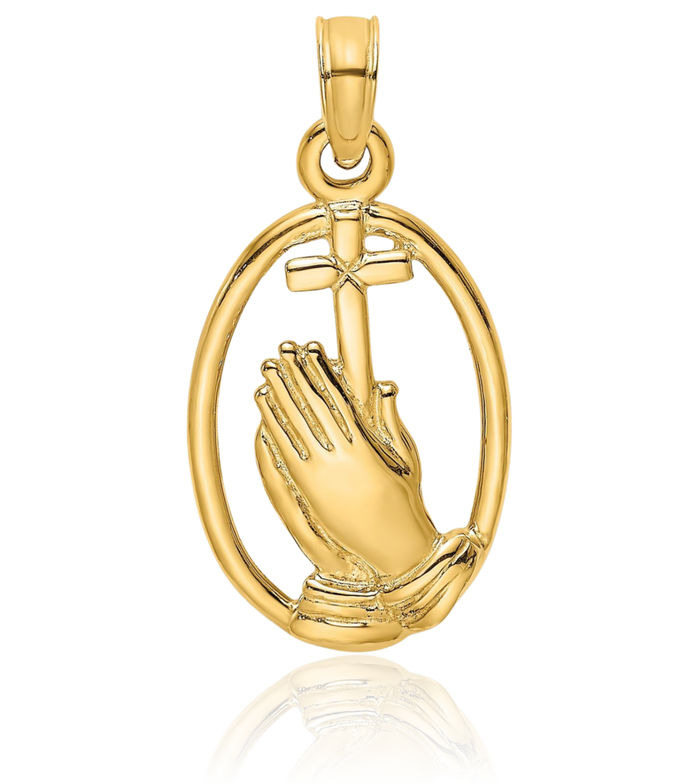 14K Solid Yellow Gold Jesus Christ Praying Hands Lord Serenity Prayer Holy Cross Oval Necklace Religious Chain Pendant Charm