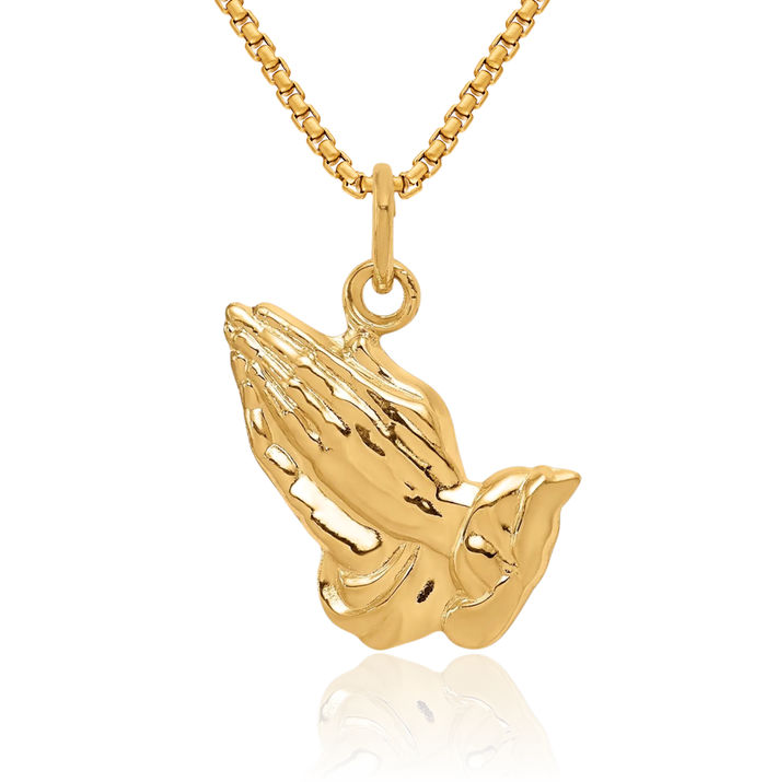 14K Solid Yellow Gold Jesus Christ Praying Hands Lord Serenity Prayer Necklace Religious Chain Pendant Christian Faith Charm