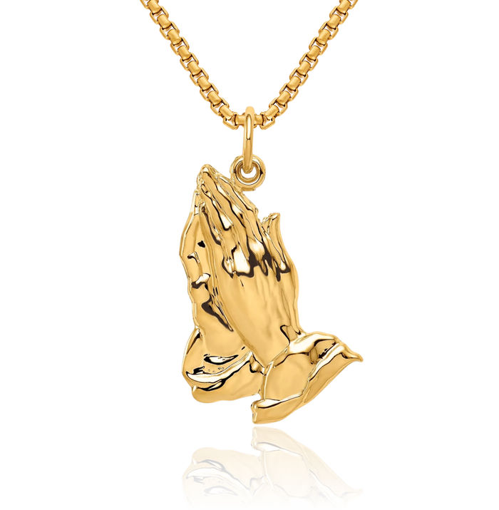 14K Solid Yellow Gold Jesus Christ Praying Hands Lord Serenity Prayer Necklace Religious Chain Pendant Christian Faith Charm