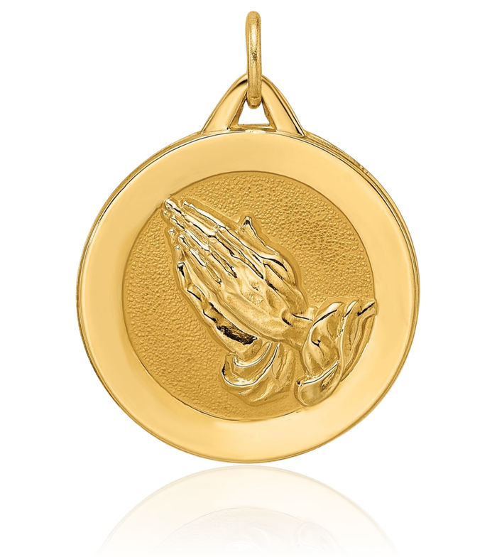 14K Solid Yellow Gold Jesus Christ Praying Hands Lord Serenity Prayer Disc Necklace Religious Chain Pendant Christian Faith Charm