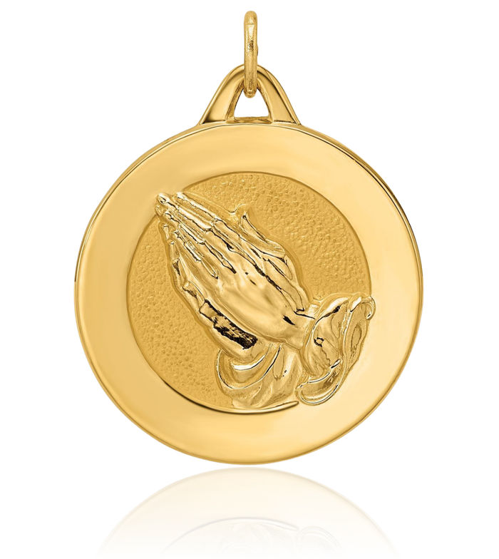 14K Solid Yellow Gold Jesus Christ Praying Hands Lord Serenity Prayer Disc Necklace Religious Chain Pendant Christian Faith Charm