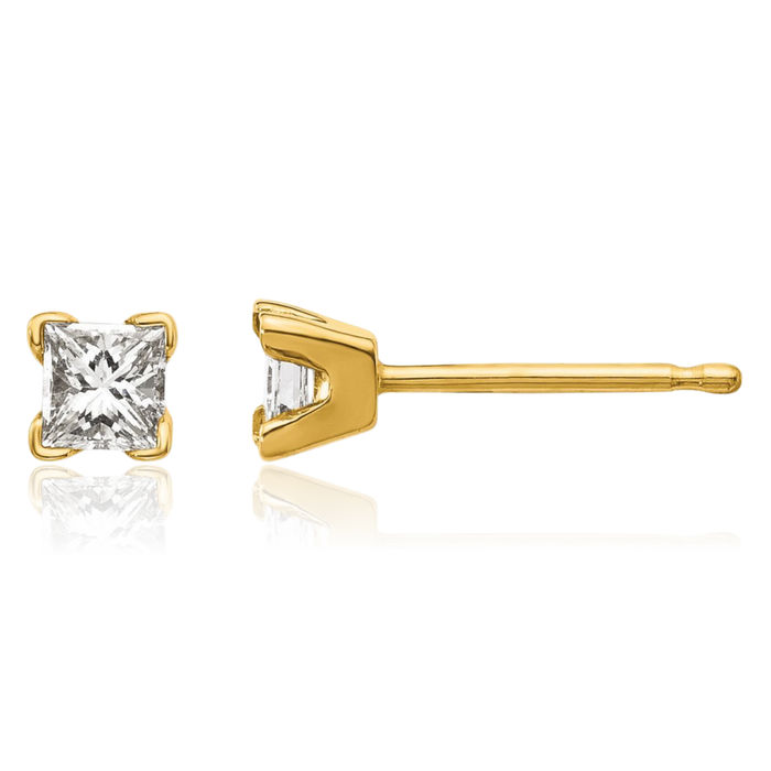 14K Solid Yellow Gold Princess-Cut Square Diamond Stud Solitaire Earrings