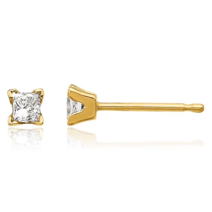 14K Solid Yellow Gold Princess-Cut Square Diamond Stud Solitaire Earrings