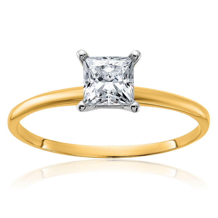 14K Solid Yellow Gold Princess-Cut Square Moissanite Solitaire Engagement Ring