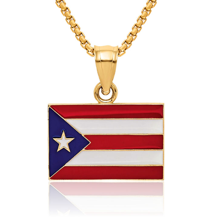 14K Solid Yellow Gold Puerto Rico Flag Necklace Chain Pendant Charm