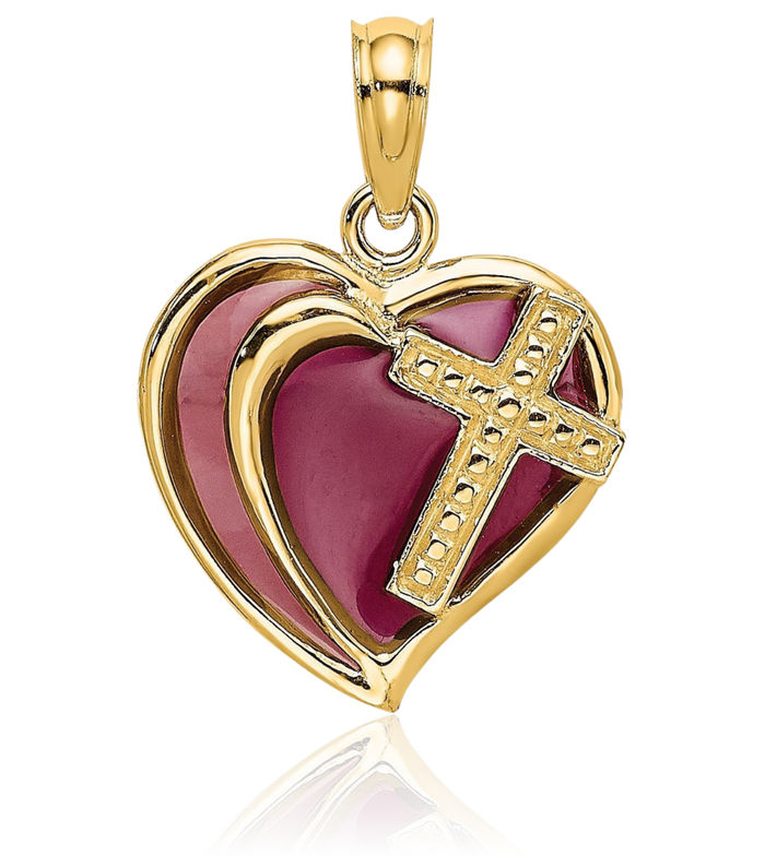 14K Solid Yellow Gold Purple Holy Cross Heart Necklace Religious Chain Pendant Jesus Christ Charm