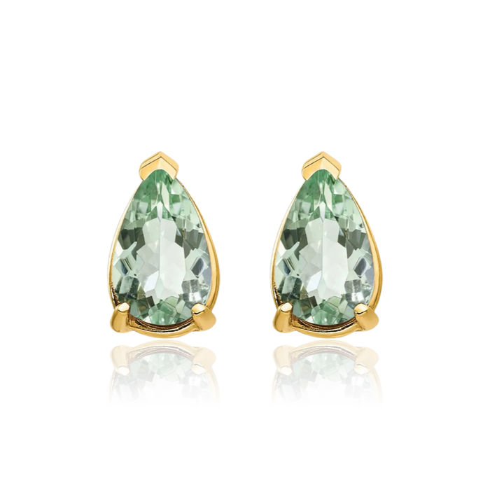 14K Solid Yellow Gold Green Quartz Studs Pear Teardrop Gemstone Solitaire Earrings August Birthstone Jewelry