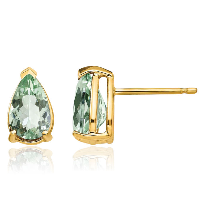 14K Solid Yellow Gold Green Quartz Studs Pear Teardrop Gemstone Solitaire Earrings August Birthstone Jewelry