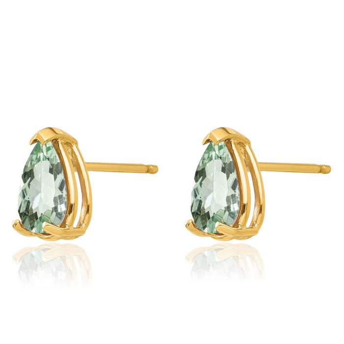 14K Solid Yellow Gold Green Quartz Studs Pear Teardrop Gemstone Solitaire Earrings August Birthstone Jewelry