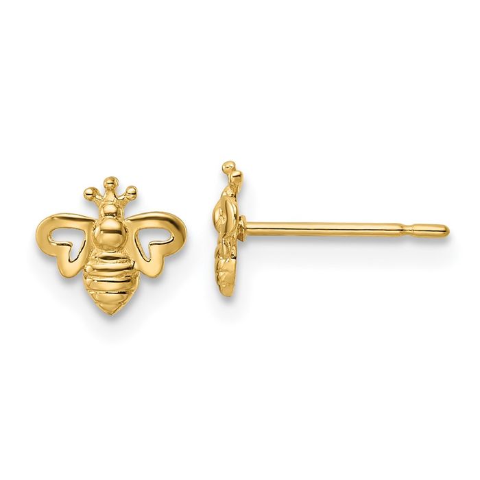 14K Solid Yellow Gold Queen Bumble Bee Studs Honeybee Beekeeper Earrings