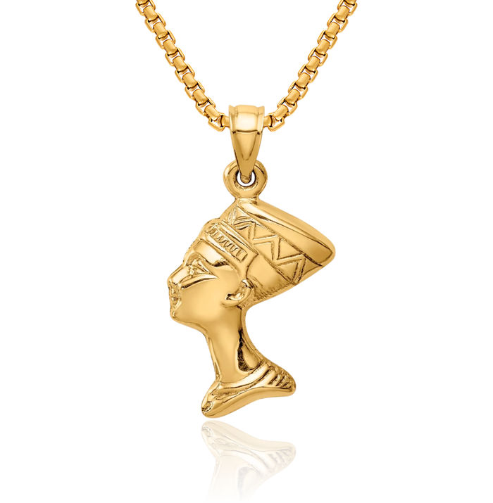 14K Solid Yellow Gold Queen Nefertiti Necklace Egyptian Goddess Pendant African Charm