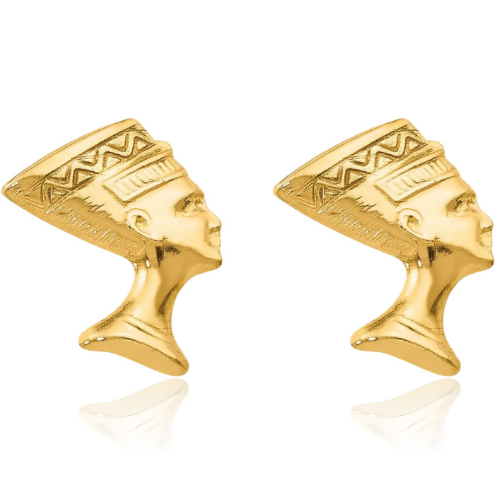 14K Solid Yellow Gold Queen Nefertiti Egyptian Goddess African Stud Earrings