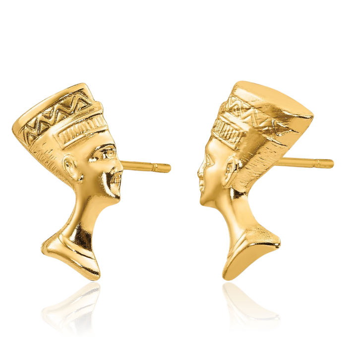 14K Solid Yellow Gold Queen Nefertiti Egyptian Goddess African Stud Earrings
