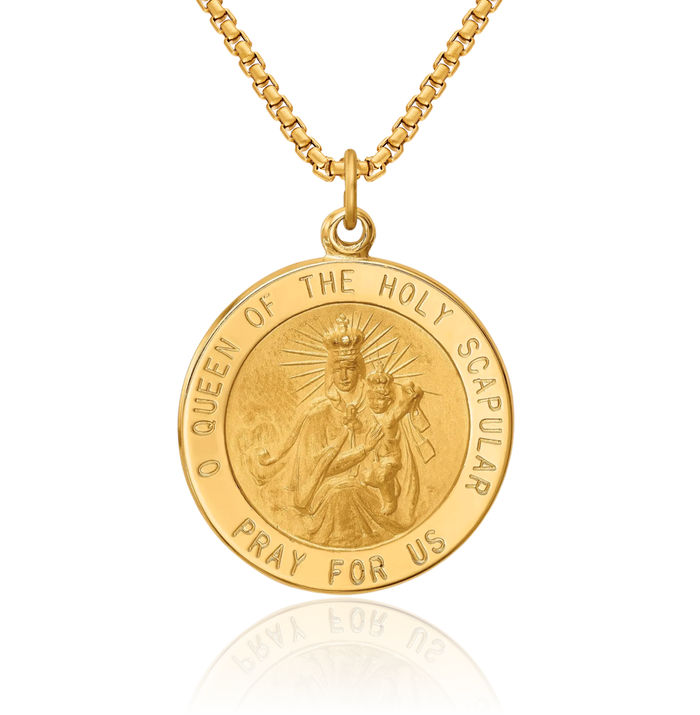 14K Solid Yellow Gold Queen of Holy Scapular Reversible Medal Necklace Chain Pendant Charm