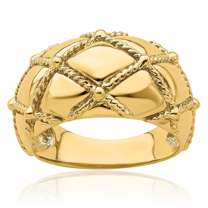 14K Solid Yellow Gold Quilted Rope Dame Chunky Dome Statement Ring