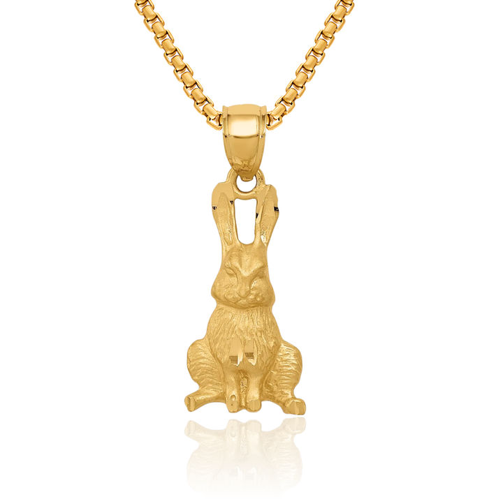 14K Solid Yellow Gold Rabbit Necklace Chain Pendant Charm