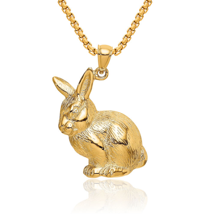14K Solid Yellow Gold Rabbit Necklace Chain Pendant Charm