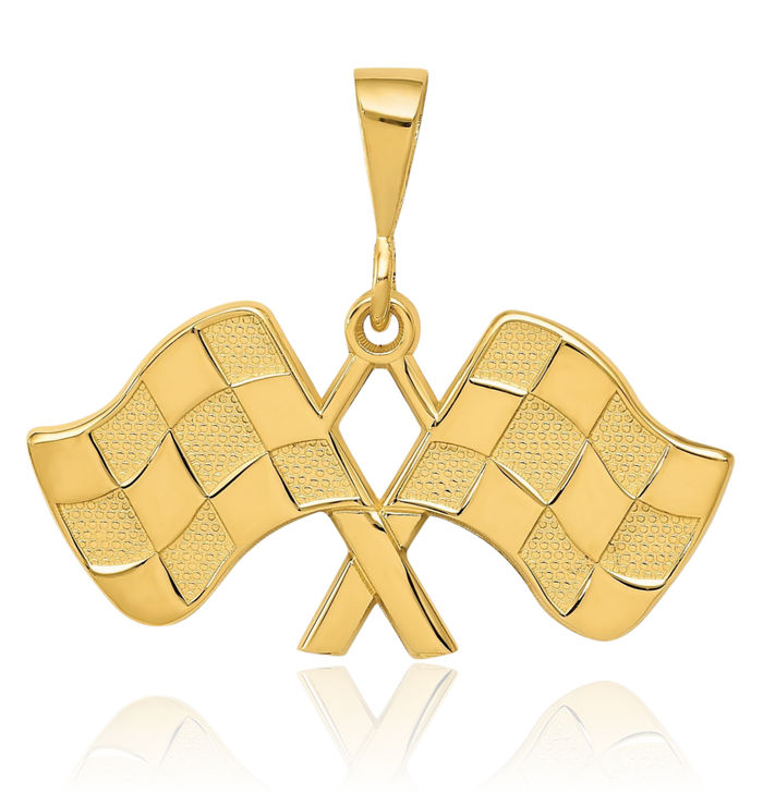 14K Solid Yellow Gold Racing Flags Necklace Charm Sports Pendant