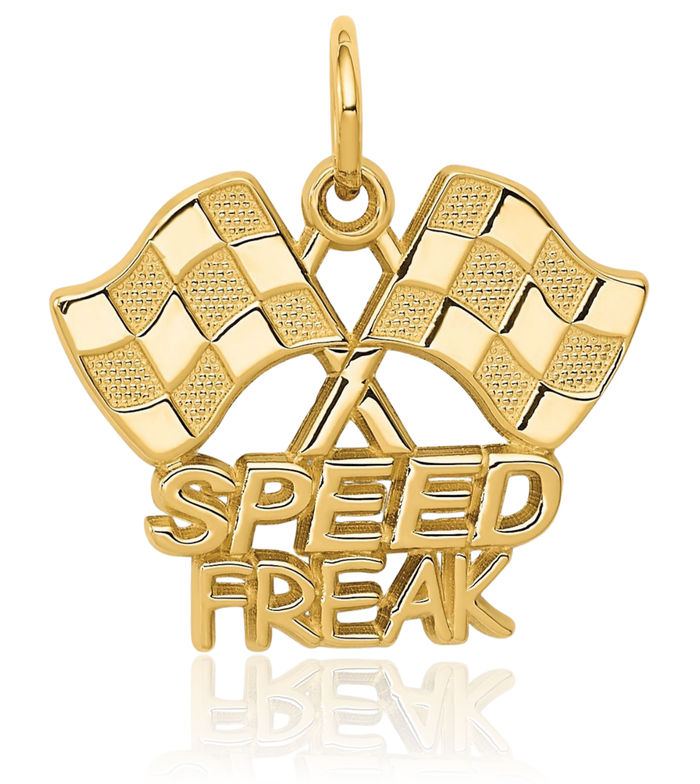 14K Solid Yellow Gold Racing Flags Speed Freak Necklace Charm Sports Pendant