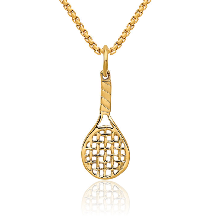 14K Solid Yellow Gold Racquet Necklace Tennis Charm Sports Pendant